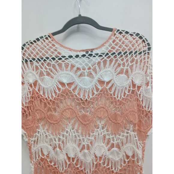 Vintage Y2K Soho Womens Top Large White Orange Crochet Sheer BOHO Cottagecore - Picture 8 of 8